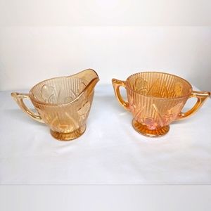 Vintage Jeanette Iris & Herringbone Carnival Glass Marigold Creamer & Sugar Bowl